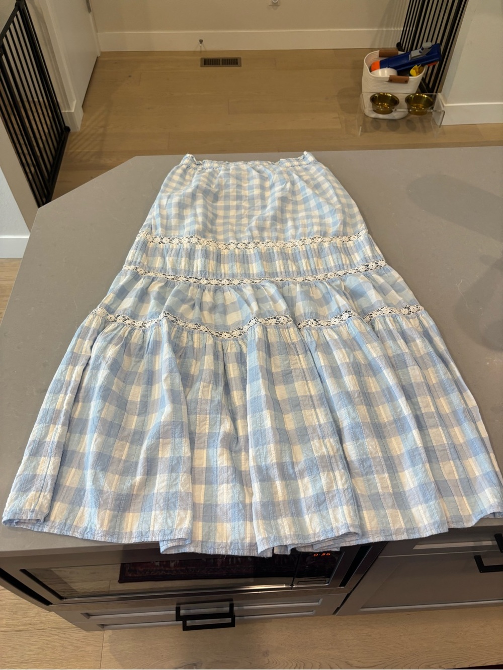 LoveShackFancy Blue and Cream Gingham Tiered A-Line Skirt - Picture 2 of 4